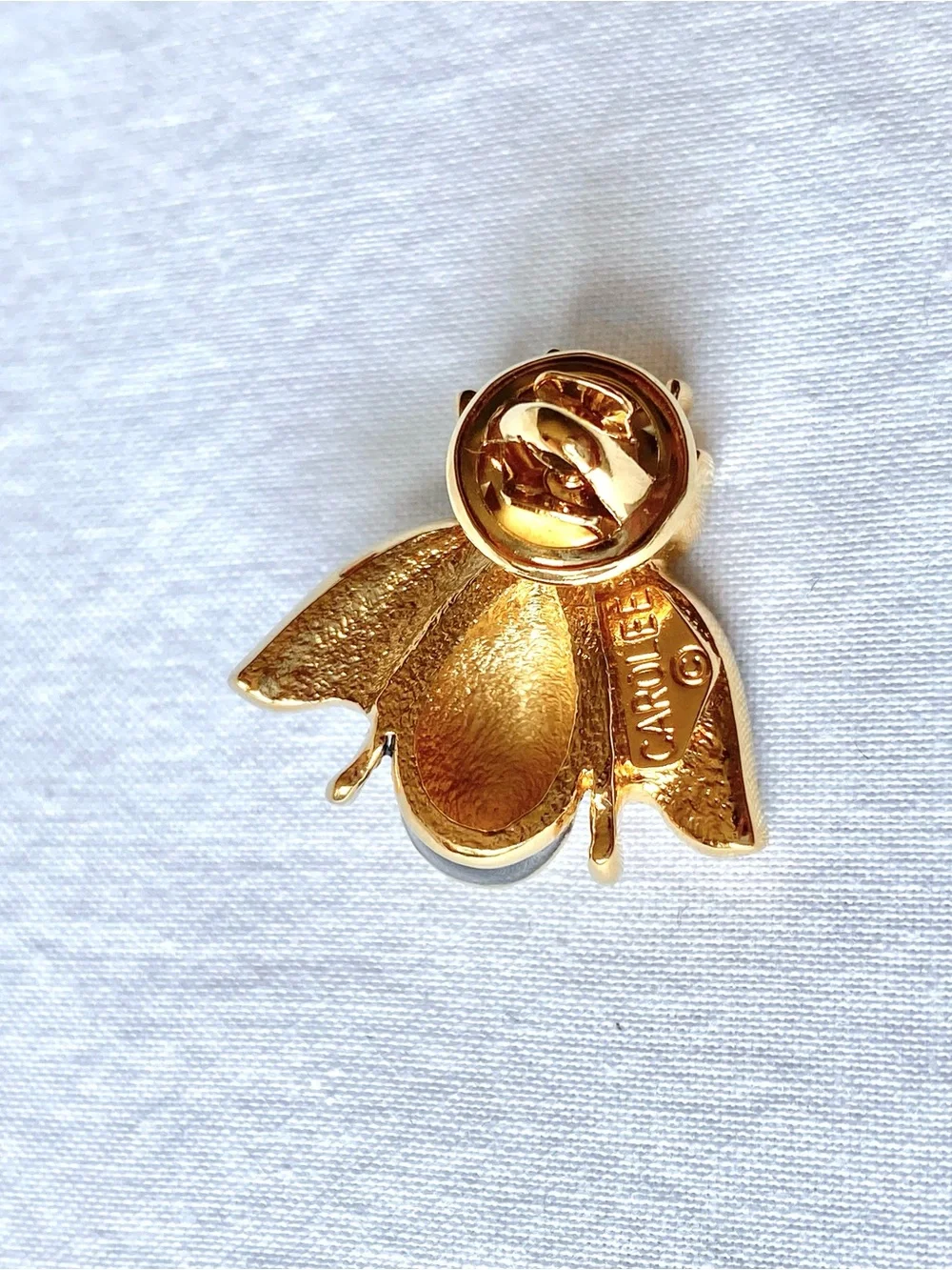 Vintage Carolee Gold-Tone Bee Brooch with Black Enamel, clear and green crystals